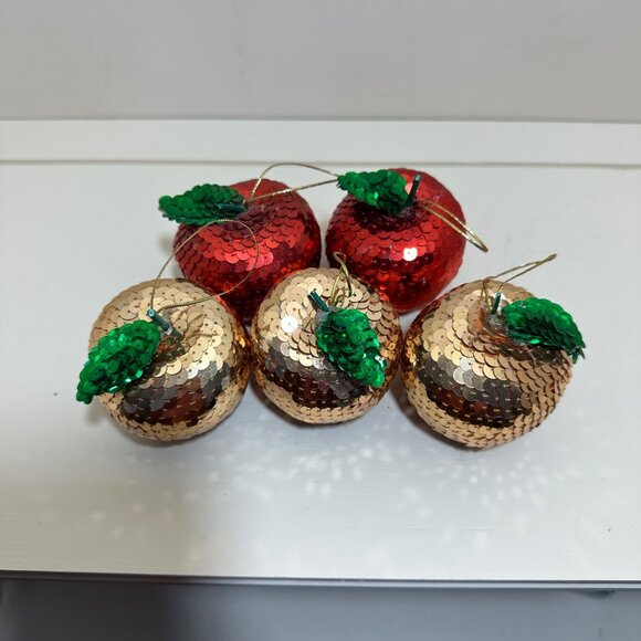 Handmade Vintage Sequin Apple Christmas Ornaments Set Of 5 Gold & Red - Picture 2 of 16